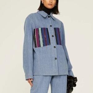 Benjamin Benmoyal Cassette Overshirt Striped Denim Oversized Shirt Top Blue XS